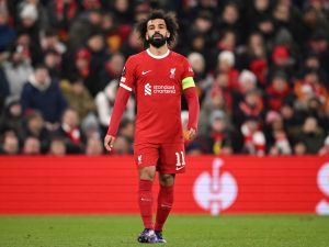 Liverpool's Egyptian striker #11 Mohamed Salah looks on during the UEFA Europa League group E football match between Liverpool and Linzer ASK at Anfield in Liverpool, north west England on November 30, 2023. (Photo by Oli SCARFF / AFP)