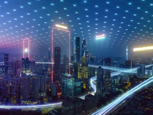 Smart city and abstract polygon pattern connection with speed line light