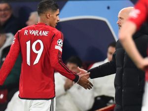 Manchester United's French defender #19 Raphael Varane leaves the pitch as he is substituted during the UEFA Champions League group A football match between Manchester United and FC Bayern Munich at Old Trafford stadium in Manchester, north west England, on December 12, 2023. (Photo by PETER POWELL / AFP)