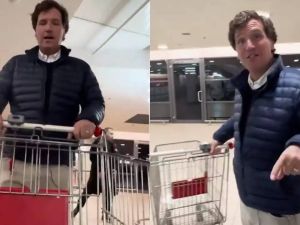 Tucker Carlson sparks outrage after criticizing the US in comparison to Russia's affordable, clean and packed grocery stores and subways in Moscow. (X)