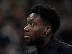 Bayern Munich's Canadian defender #19 Alphonso Davies looks on prior to the UEFA Champions League Group A football match between FC Copenhagen and FC Bayern Munich in Copenhagen, Denmark on October 3, 2023. (Photo by Sergei GAPON / AFP)