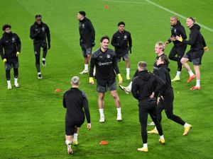 Dortmund's players take part in a training session at the Phillips stadium in Eindhoven on February 19, 2024, on the eve of their round of 16 UEFA Champions League football match against Psv Eindhoven. (Photo by JOHN THYS / AFP)