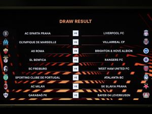 A screen displays the fixtures after the draw for the round of 16 of the 2023-2024 UEFA Europa League football tournament at the House of European Football in Nyon, on February 23, 2024. (Photo by Fabrice COFFRINI / AFP)