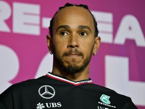 Mercedes' British driver Lewis Hamilton attends a press conference during the third day of the Formula One pre-season testing at the Bahrain International Circuit in Sakhir on February 23, 2024. (Photo by Andrej ISAKOVIC / AFP)
