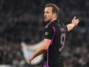 Bayern Munich's English forward #09 Harry Kane reacts during the UEFA Champions League last 16 first leg between Lazio and Bayern Munich at the Olympic stadium on February 14, 2024 in Rome. (Photo by Alberto PIZZOLI / AFP)