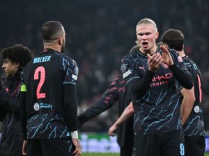 Manchester City's Norwegian striker #09 Erling Haaland celebrates after the UEFA Champions League round of 16, first-leg football match between FC Copenhagen and Manchester City in Copenhagen, Denmark, on February 13, 2024. (Photo by Jonathan NACKSTRAND / AFP)