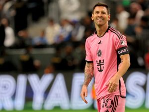 Inter Miami's Argentine forward #10 Lionel Messi looks on during the friendly exhibition match between Saudi Arabia's al-Hilal SFC and the US Inter Miami CF at the Kingdom Arena Stadium in Riyadh on January 29, 2024. (Photo by Fayez NURELDINE / AFP)
