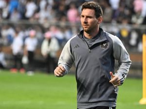 Inter Miami's Argentine forward Lionel Messi runs during training for the friendly football match between Hong Kong Team and US Inter Miami CF at the Hong Kong Stadium in Hong Kong on February 3, 2024. (Photo by Peter PARKS / AFP)