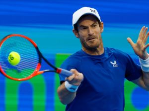 Britain's Andy Murray hits a return against Czech Republic's Jakub Mensik during their men's singles match at the ATP Qatar Open tennis tournament in Doha on February 21, 2024. (Photo by KARIM JAAFAR / AFP)