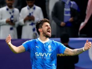 Hilal's Portuguese midfielder #08 Ruben Neves celebrates after scoring his team's second goal during the AFC Champions League football match between Saudi Arabia's Al-Hilal SFC and Iran’s Sepahan FC at the Kingdom Arena Stadium in Riyadh on February 22, 2024. (Photo by Fayez NURELDINE / AFP)