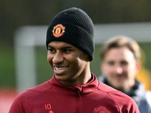 Manchester United's English striker #10 Marcus Rashford smiles as he attends a training session at the Carrington Training Complex in Manchester, north-west England on November 7, 2023 on the eve of their UEFA Champions League Group A football match away against FC Copenhagen. (Photo by Paul ELLIS / AFP)