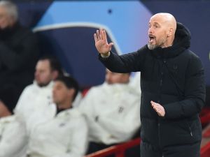 Manchester United's Dutch manager Erik ten Hag gestures from the sideline during the UEFA Champions League group A football match between Manchester United and FC Bayern Munich at Old Trafford stadium in Manchester, north west England, on December 12, 2023. (Photo by PETER POWELL / AFP)
