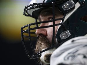 Jason Kelce announces his retirement from the NFL in tear-packed press conference. (Photo by Steph Chambers / GETTY IMAGES NORTH AMERICA / Getty Images via AFP)