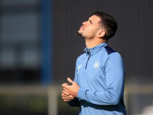 Newcastle United's Brazilian midfielder #39 Bruno Guimaraes looks up during a training session at the team's training facility in Newcastle-upon-Tyne, northeast England, on October 3, 2023 on the eve of their UEFA Champions League group F football match against Paris Saint-Germain. (Photo by Lindsey Parnaby / AFP)