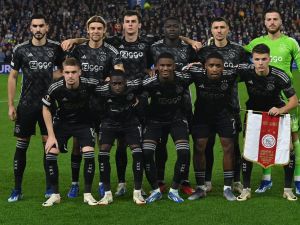 Ajax player pose for a team photo ahead of the UEFA Europa League Group B football match between Brighton and Hove Albion and Ajax at the American Express Community Stadium in Brighton, southern England on October 26, 2023. (Photo by Glyn KIRK / AFP)