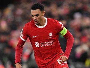 Liverpool's English defender #66 Trent Alexander-Arnold controls the ball during the UEFA Europa League group E football match between Liverpool and Linzer ASK at Anfield in Liverpool, north west England on November 30, 2023. (Photo by Oli SCARFF / AFP)