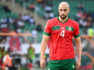 Morocco's midfielder #4 Sofyan Amrabat looks on during the Africa Cup of Nations (CAN) 2024 group F football match between Morocco and Tanzania at Stade Laurent Pokou in San Pedro on January 17, 2024. (Photo by SIA KAMBOU / AFP)