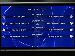 The results are displayed after the 2023-2024 UEFA Champions League football tournament quarter-finals and semi-finals draw at the House of European Football in Nyon, on March 15, 2024. (Photo by Fabrice COFFRINI / AFP)