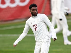 Bayern Munich's Canadian midfielder #19 Alphonso Davies attends a training session on the eve of the Last 16 Second Leg UEFA Champions League football match between FC Bayern Munich and Lazio in Munich, on March 4, 2024. (Photo by ALEXANDRA BEIER / AFP)