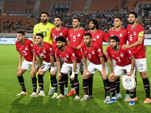 Egypt's players pose ahead of the Africa Cup of Nations (CAN) 2024 round of 16 football match between Egypt and DR Congo at the Stade Laurent Pokou in San Pedro on January 28, 2024. (Photo by SIA KAMBOU / AFP)