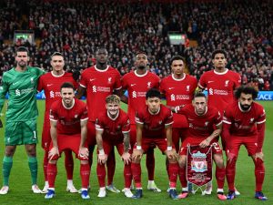 Liverpool players pose for a team photo ahead of kikc off in the UEFA Europa League group E football match between Liverpool and Royale Union Saint-Gilloise at Anfield in Liverpool, north west England on October 5, 2023. (Photo by Oli SCARFF / AFP)