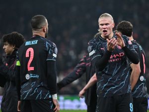 Manchester City's Norwegian striker #09 Erling Haaland celebrates after the UEFA Champions League round of 16, first-leg football match between FC Copenhagen and Manchester City in Copenhagen, Denmark, on February 13, 2024. (Photo by Jonathan NACKSTRAND / AFP)