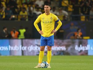 Nassr's Portuguese forward #07 Cristiano Ronaldo reacts after his team conceded a second goal during the Saudi Pro League football match between Al-Nassr and Al-Raed in Riyadh's Al-Awal Park Stadium on March 7, 2024. (Photo by Fayez NURELDINE / AFP)