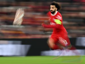 Liverpool's Egyptian striker #11 Mohamed Salah chases the ball during the UEFA Europa League group E football match between Liverpool and Linzer ASK at Anfield in Liverpool, north west England on November 30, 2023. (Photo by Oli SCARFF / AFP)