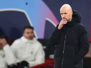 Manchester United's Dutch manager Erik ten Hag reacts during the UEFA Champions League group A football match between Manchester United and FC Bayern Munich at Old Trafford stadium in Manchester, north west England, on December 12, 2023. (Photo by PETER POWELL / AFP)
