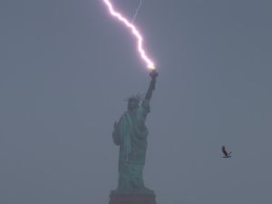  a peculiar lightning strike hitting the Statue of Liberty