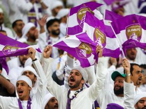 Ain fans cheer ahead of the AFC Champions League football match between Saudi Arabia's Al-Nassr and UAE's Al-Ain at Al-Awal Park Stadium in Riyadh on March 11, 2024. (Photo by Fayez NURELDINE / AFP)