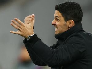 Arsenal's Spanish manager Mikel Arteta reacts from the sidelines during the UEFA Champions League quarter-final second leg football match between FC Bayern Munich and Arsenal FC in Munich, southern Germany on April 17, 2024. (Photo by Odd ANDERSEN / AFP)