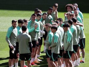 Atletico Madrid players attend a training session on the eve of their UEFA Champions League quarter final first leg football match against Borussia Dortmund at the Metropolitano stadium in Madrid on April 9, 2024. (Photo by Thomas COEX / AFP)