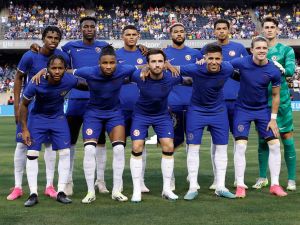 Chelsea players pose for a team photo ahead of a pre-season friendly football match between Chelsea FC and Borussia Dortmund BVB at Soldier Field in Chicago, Illinois, on August 2, 2023. (Photo by KAMIL KRZACZYNSKI / AFP)