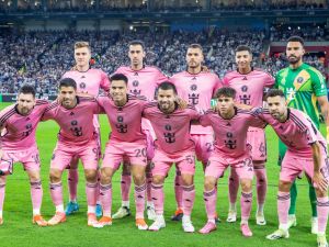 Players of Inter Miami pose for a team photo during the Concacaf Champions Cup quarter-final second-leg football match between Mexico's Monterrey and US' Inter Miami at the BBVA Stadium in Monterrey, Mexico on April 10, 2024. (Photo by Julio Cesar AGUILAR / AFP)