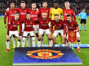Manchester United's players pose for a team picture prior to the UEFA Champions League group A football match between Manchester United and FC Bayern Munich at Old Trafford stadium in Manchester, north west England, on December 12, 2023. (Photo by PETER POWELL / AFP)
