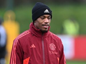 Manchester United's French striker #09 Anthony Martial takes part with teammates in a training session at the Carrington Training Complex in Manchester, north-west England on November 7, 2023 on the eve of their UEFA Champions League Group A football match away against FC Copenhagen. (Photo by Paul ELLIS / AFP)