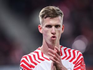 Leipzig's Spanish forward #07 Dani Olmo reacs during the UEFA Champions League Round of 16, first-leg football match between RB Leipzig and Real Madrid CF in Leipzig, eastern Germany, on February 13, 2024. (Photo by Ronny Hartmann / AFP)