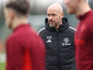 Manchester United's Dutch manager Erik ten Hag takes a team training session at the Carrington Training Complex in Manchester, north-west England on December 11, 2023 on the eve of their UEFA Champions League Group A football match against Bayern Munich. (Photo by Darren Staples / AFP)