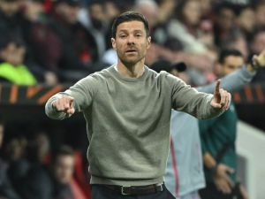 Bayer Leverkusen's Spanish head coach Xabi Alonso reacts during the UEFA Europa League quarter-final first leg football match between Bayer 04 Leverkusen and West Ham United FC in Leverkusen, western Germany on April 11, 2024. (Photo by INA FASSBENDER / AFP)