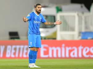 Hilal's Portuguese midfielder Ruben Neves reacts during the 2023 Arab Club Champions Cup group B football match between Libya's Al-Ahli Tripoli and Saudi Arabia's Al-Hilal at the Prince Sultan bin Abdul Aziz Stadium in Abha on July 27, 2023. (Photo by AFP)