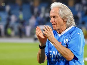 Hilal's Portuguese coach Jorge Jesus celebrates his team's 19th Saudi Pro League title after their football match against Al-Hazem at the Kingdom Arena stadium in Riyadh on May 11, 2024. (Photo by Fayez NURELDINE / AFP)