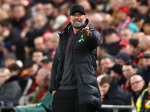 Liverpool's German manager Jurgen Klopp reacst during the UEFA Europa League quarter-final first leg football match between Liverpool and Atalanta at Anfield in Liverpool, north west England on April 11, 2024. (Photo by Darren Staples / AFP)