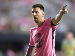 Inter Miami's Argentine forward #10 Lionel Messi gestures during the Major League Soccer (MLS) football match between Inter Miami CF and the New York Red Bulls at Chase Stadium in Fort Lauderdale, Florida, on May 4, 2024. (Photo by Chris ARJOON / AFP)