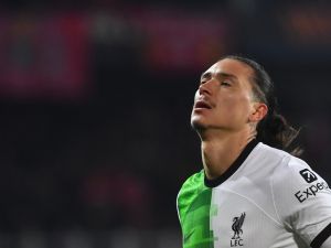 Liverpool's Uruguayan striker #09 Darwin Nunez celebrates scoring his team's third goal during the UEFA Europa League round of 16 first leg football match between AC Sparta Praha and Liverpool FC in Prague on March 7, 2024. (Photo by MICHAL CIZEK / AFP)
