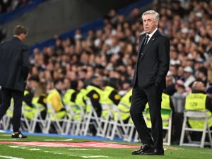 Real Madrid's Italian coach Carlo Ancelotti looks on during the Spanish league football match between Real Madrid CF and Deportivo Alaves at the Santiago Bernabeu stadium in Madrid on May 14, 2024. (Photo by JAVIER SORIANO / AFP)