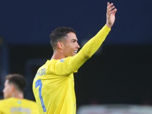 Nassr's Portuguese forward #07 Cristiano Ronaldo celebrates after scoring during the Saudi Pro League football match between Al-Nassr and Al-Tai in Riyadh's Al-Awal Park Stadium on March 30, 2024. (Photo by Fayez NURELDINE / AFP)