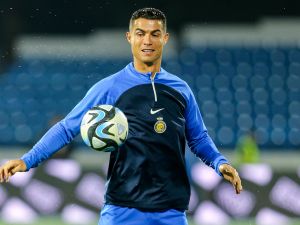 Nassr's Portuguese forward #07 Cristiano Ronaldo warms up before the Saudi Pro League football match between Damac FC and Al-Nassr FC at Prince Sultan bin Abdulaziz Sports City stadium in Abha on April 5, 2024. (Photo by Mohammed ALSHEHRI / AFP)