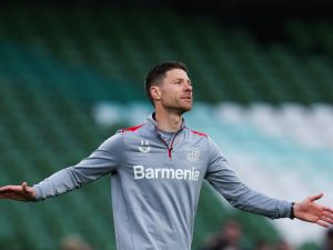 Bayer Leverkusen's Spanish head coach Xabi Alonso reacts as he leads a training session at the Dublin Arena stadium, in Dublin, on May 21, 2024, on the eve of their UEFA Europa League final football match against Atalanta. (Photo by Adrian DENNIS / AFP)