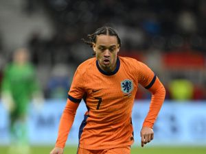 Netherlands' midfielder #07 Xavi Simons controls the ball during the friendly football match between Germany and Netherlands in Frankfurt, western Germany, on March 26, 2024. (Photo by Ina FASSBENDER / AFP)